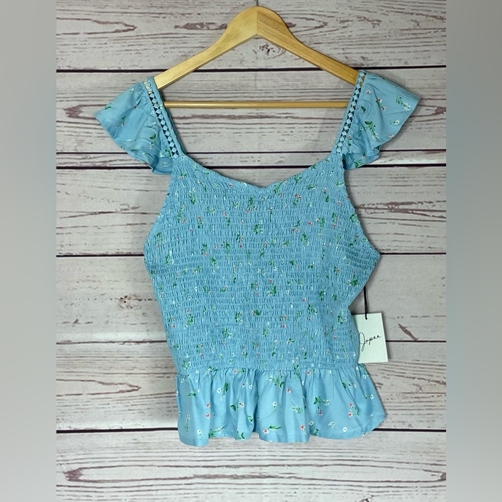 Japna Smocked Flutter Sleeve Floral Blue Style 20585E Made in India Large NWOT